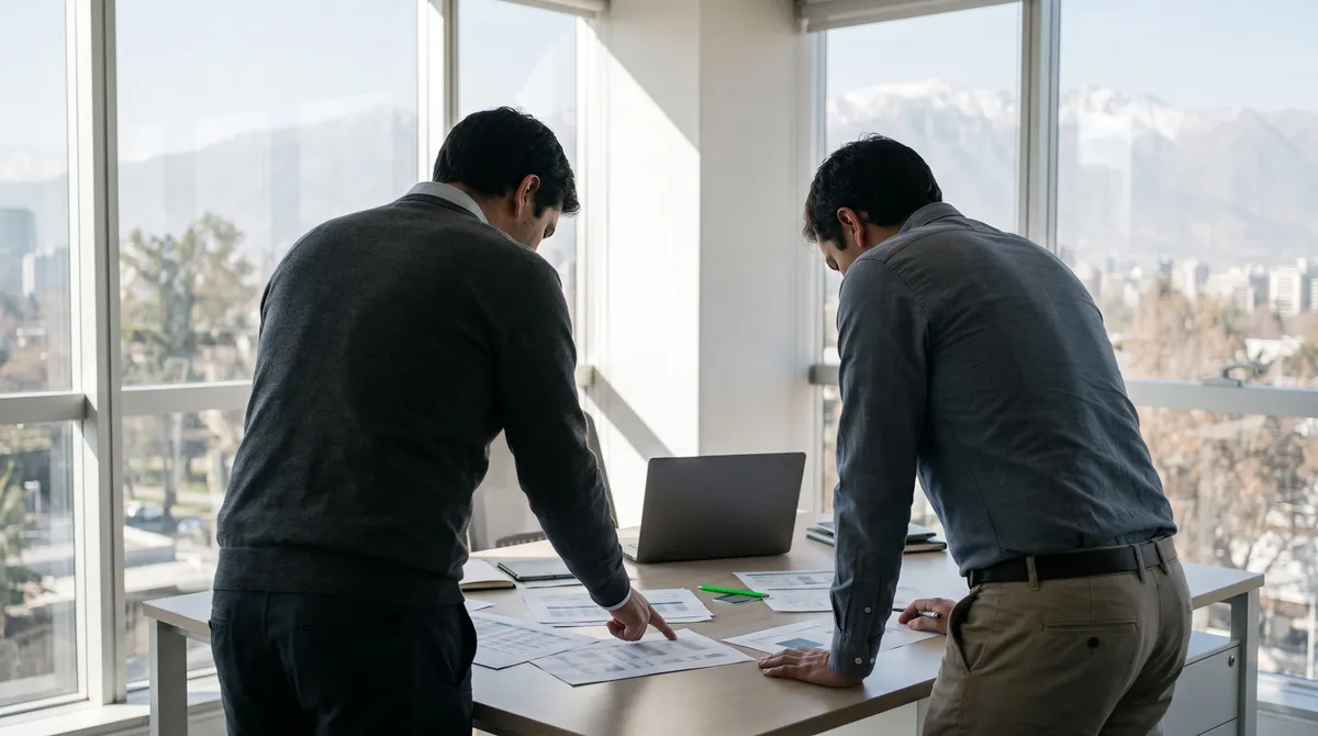 Dos personas revisando tablas impresas sobre una mesa de oficina