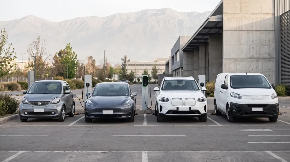 Fila de vehículos eléctricos de distintos tamaños estacionados frente a cargadores
