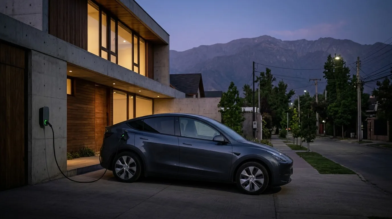 Auto eléctrico cargando frente a una casa en Santiago, con la cordillera de fondo